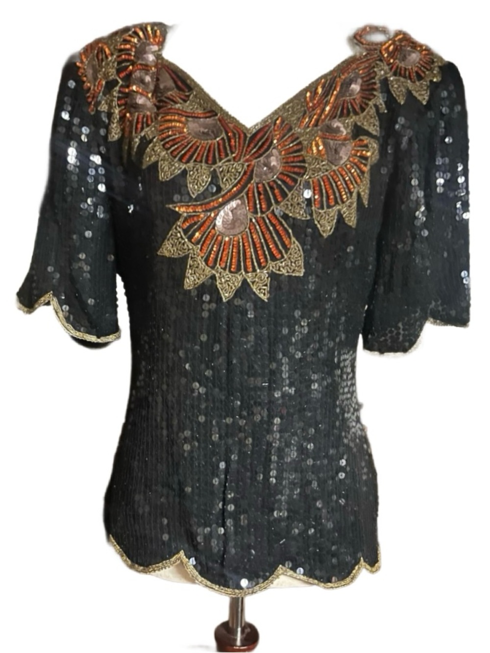 Stenay ~ Small ~ Vintage (1970’s) ~ Black & Gold  ~ Sequins Silk ~ Blouse